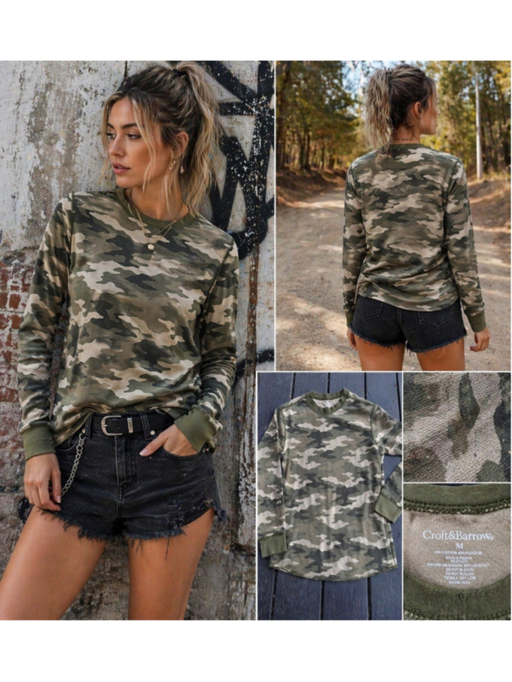 Camo Thermal Waffle Knit Shirt Youth M Women Small Green Army Long Sleeve